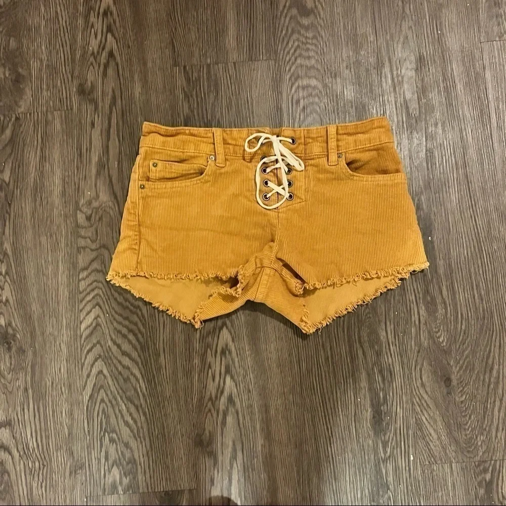 Mustard color Velour tie up shorts - Picture 3 of 5